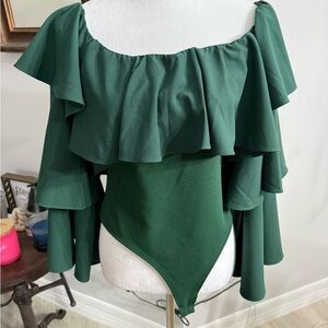 By Egreis  - Elegant Green Off-Shoulder Ruffle Top